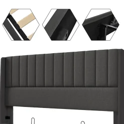 Lit coffre 160 x 200 cm - Lit Double avec Sommier à Lattes - Lin Bois Métal - Sans Matelas - Gris