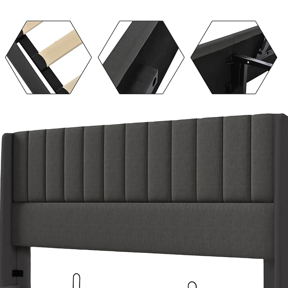 Lit coffre 160 x 200 cm - Lit Double avec Sommier à Lattes - Lin Bois Métal - Sans Matelas - Gris