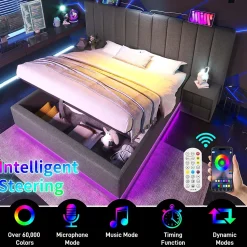 Lit Coffre 180 x 200 Cm - Lit Double Capitonné avec LED et Charge USB-C - Métal, Lin, Bois Massif - Sans Matelas - Gris