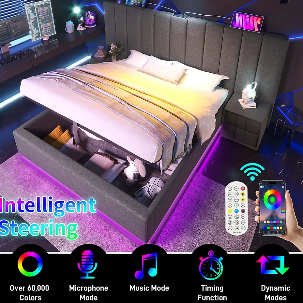 Lit Coffre 180 x 200 Cm - Lit Double Capitonné avec LED et Charge USB-C - Métal, Lin, Bois Massif - Sans Matelas - Gris