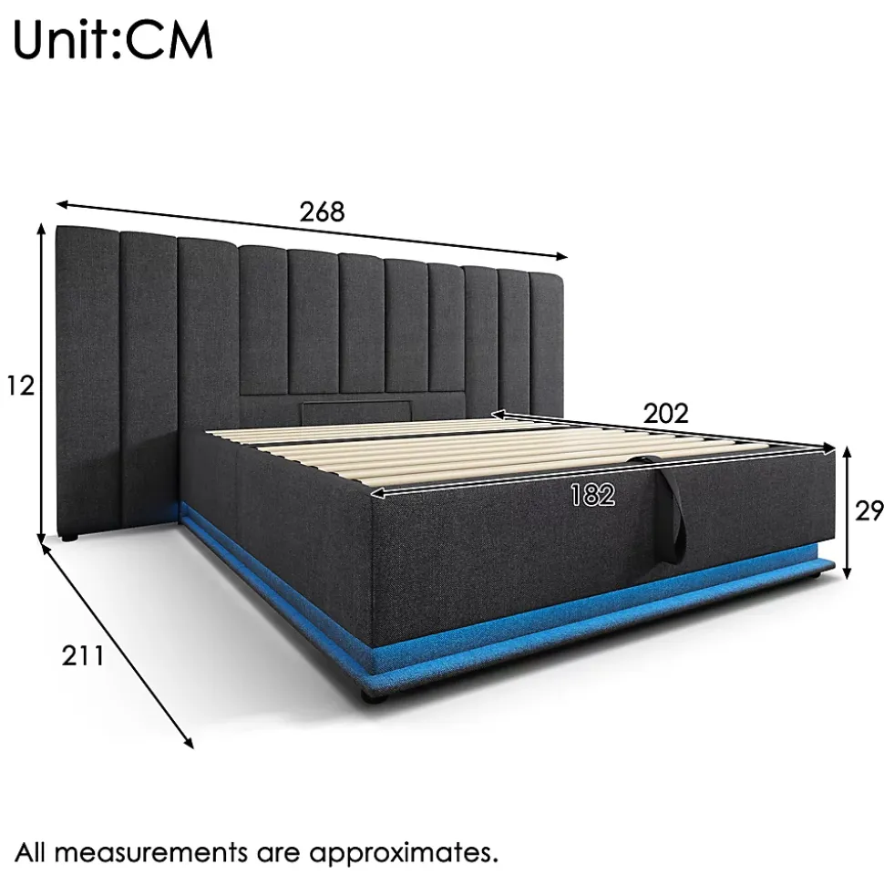 Lit Coffre 180 x 200 Cm - Lit Double Capitonné avec LED et Charge USB-C - Métal, Lin, Bois Massif - Sans Matelas - Gris