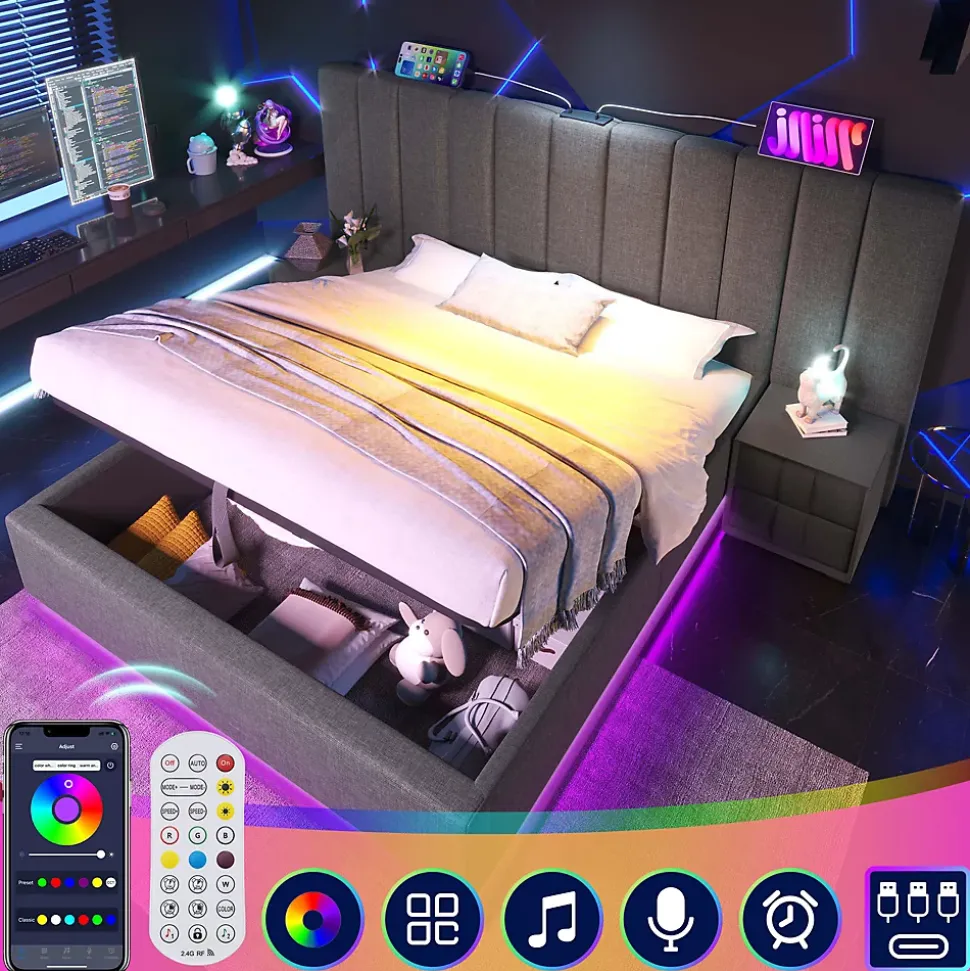 Lit Coffre 180 x 200 Cm - Lit Double Capitonné avec LED et Charge USB-C - Métal, Lin, Bois Massif - Sans Matelas - Gris