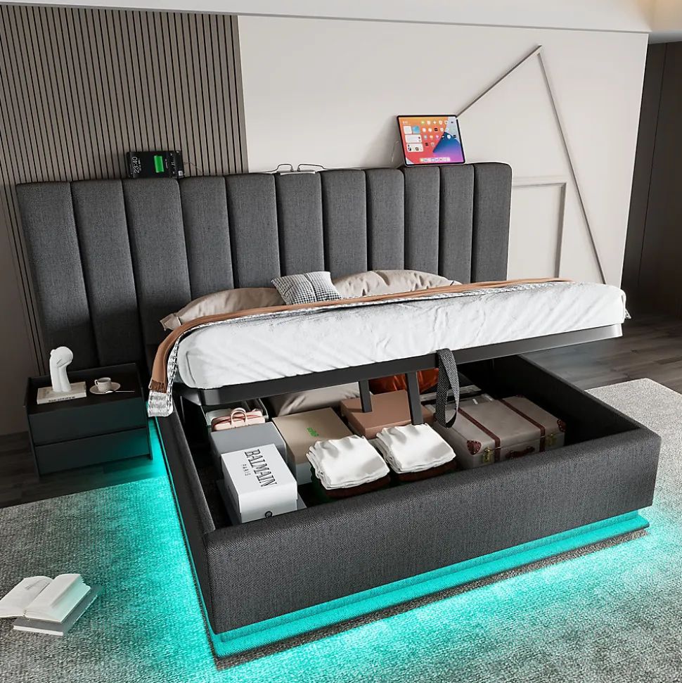 Lit Coffre 180 x 200 Cm - Lit Double Capitonné avec LED et Charge USB-C - Métal, Lin, Bois Massif - Sans Matelas - Gris