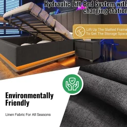 Lit Coffre 180 x 200 Cm - Lit Double Capitonné avec LED et Charge USB-C - Métal, Lin, Bois Massif - Sans Matelas - Gris