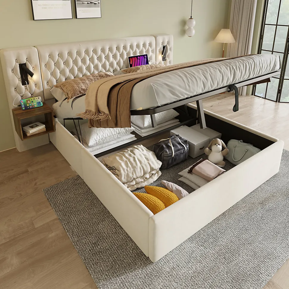 Lit coffre 180 x 200 cm - Lit rembourré avec 2 tables de chevet et lampe de lecture - Velours - Sans Matelas - Beige