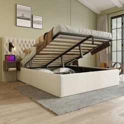 Lit coffre 180 x 200 cm - Lit rembourré avec 2 tables de chevet et lampe de lecture - Velours - Sans Matelas - Beige