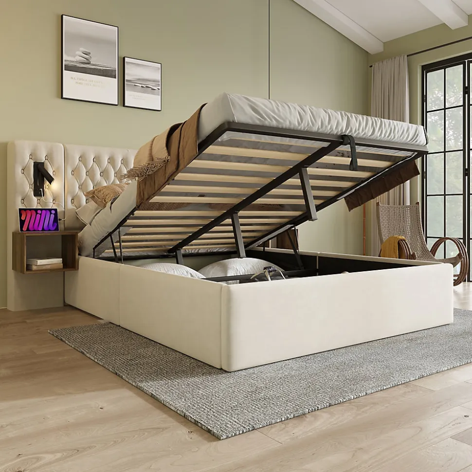 Lit coffre 180 x 200 cm - Lit rembourré avec 2 tables de chevet et lampe de lecture - Velours - Sans Matelas - Beige