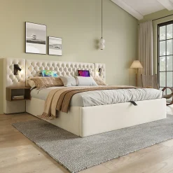 Lit coffre 180 x 200 cm - Lit rembourré avec 2 tables de chevet et lampe de lecture - Velours - Sans Matelas - Beige