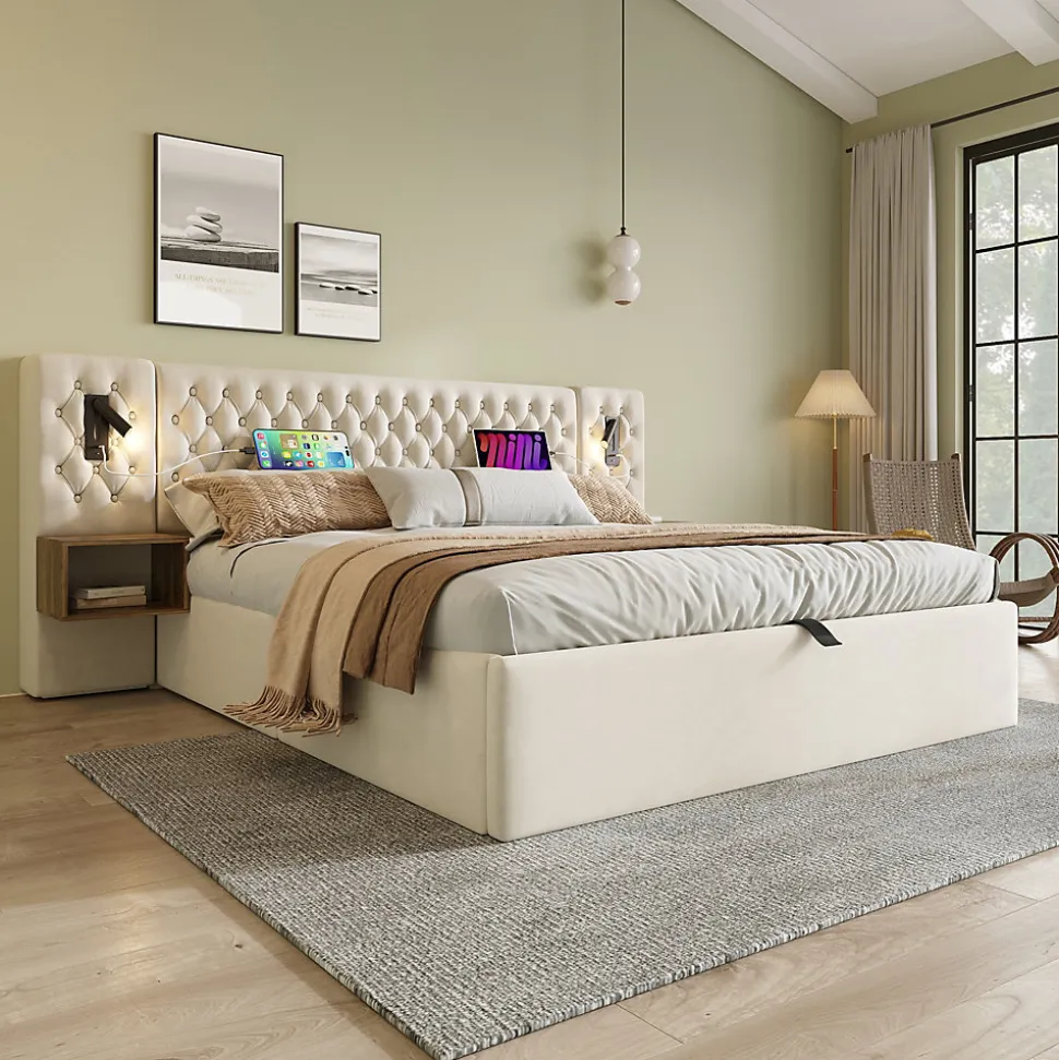 Lit coffre 180 x 200 cm - Lit rembourré avec 2 tables de chevet et lampe de lecture - Velours - Sans Matelas - Beige