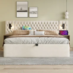 Lit coffre 180 x 200 cm - Lit rembourré avec 2 tables de chevet et lampe de lecture - Velours - Sans Matelas - Beige