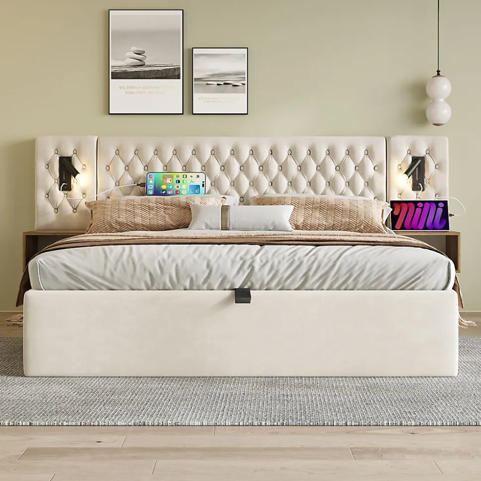 Lit coffre 180 x 200 cm - Lit rembourré avec 2 tables de chevet et lampe de lecture - Velours - Sans Matelas - Beige