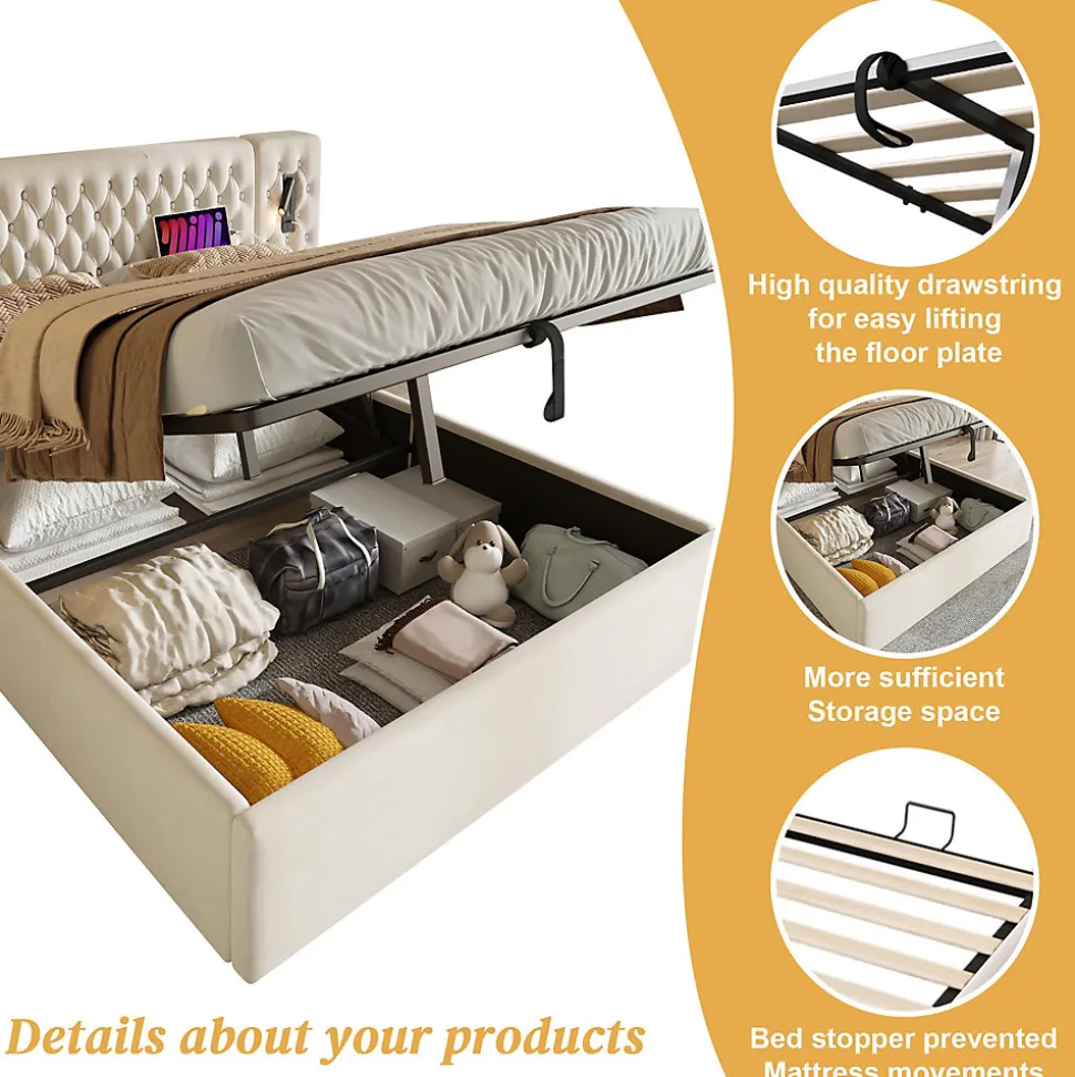 Lit coffre 180 x 200 cm - Lit rembourré avec 2 tables de chevet et lampe de lecture - Velours - Sans Matelas - Beige