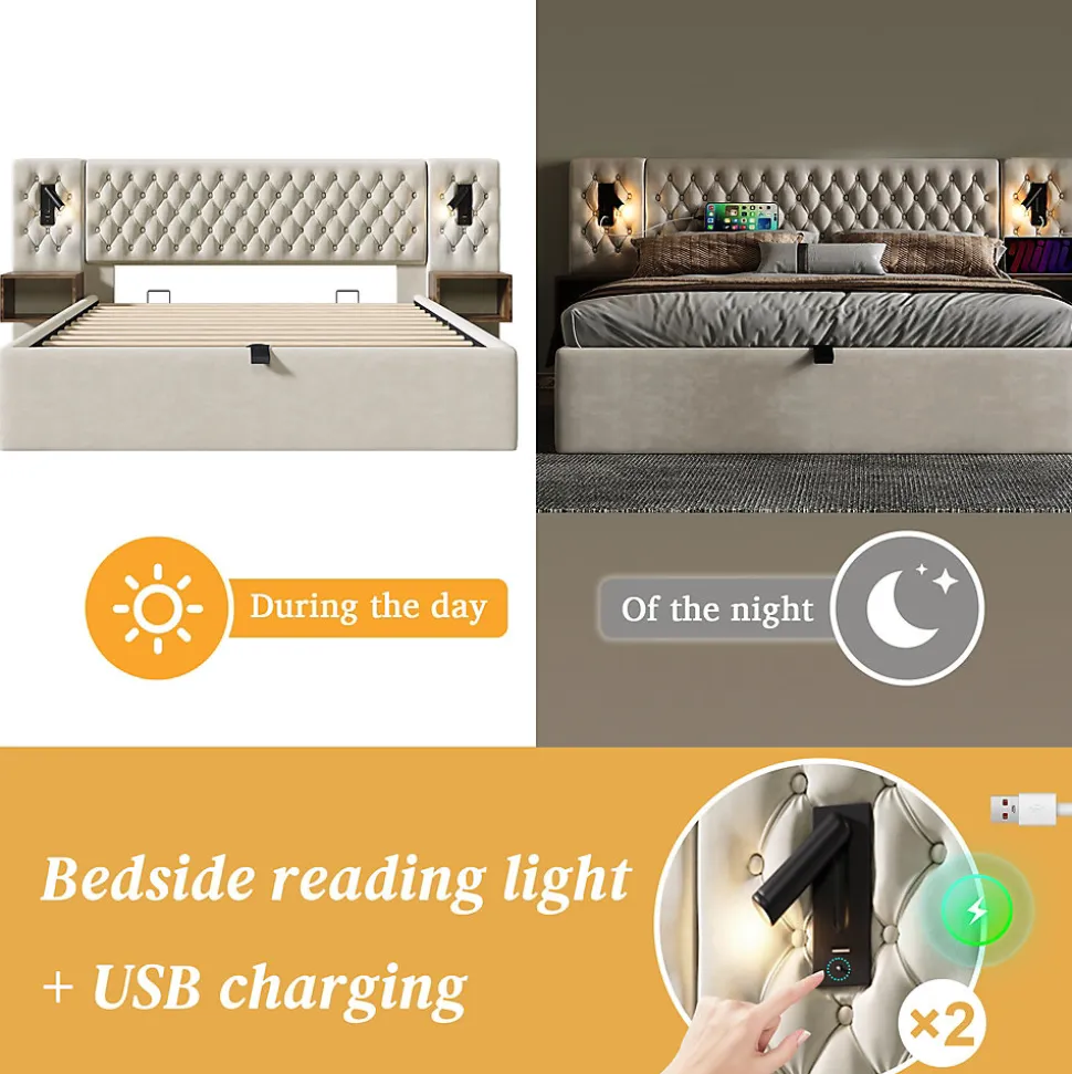 Lit coffre 180 x 200 cm - Lit rembourré avec 2 tables de chevet et lampe de lecture - Velours - Sans Matelas - Beige