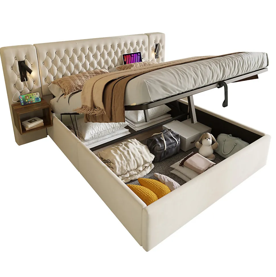 Lit coffre 180 x 200 cm - Lit rembourré avec 2 tables de chevet et lampe de lecture - Velours - Sans Matelas - Beige