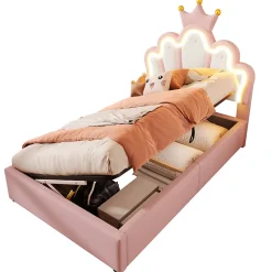 Lit Coffre 90 x 200 cm - Lit Simple Déco avec Mécanisme Hydraulique et LED, Tête de Lit Réglable - PU et MDF - Sans Matelas - Rose