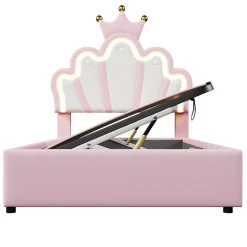 Lit Coffre 90 x 200 cm - Lit Simple Déco avec Mécanisme Hydraulique et LED, Tête de Lit Réglable - PU et MDF - Sans Matelas - Rose