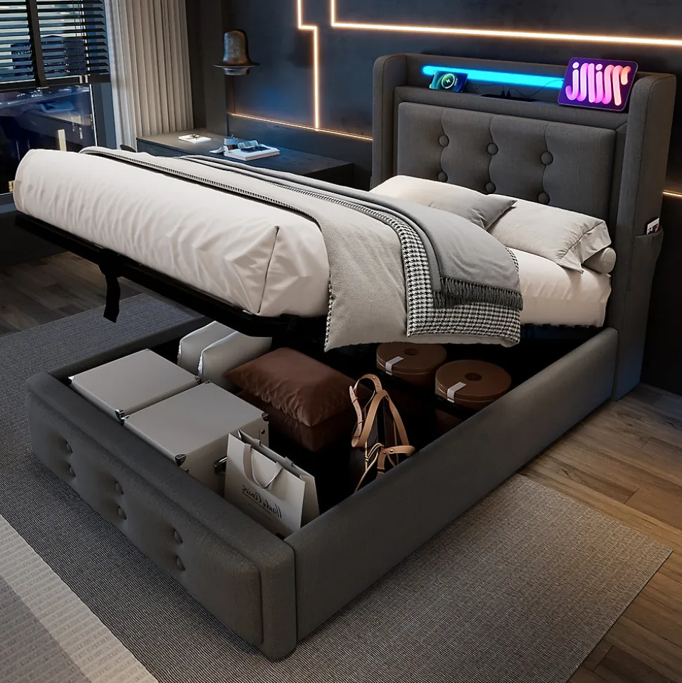 Lit Coffre 90 x 200 Cm - Lit Simple avec Tête de Lit LED et Charge USB C - Bois, Coton, Métal - Sans Matelas - Gris