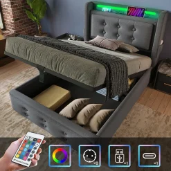 Lit Coffre 90 x 200 Cm - Lit Simple avec Tête de Lit LED et Charge USB C - Bois, Coton, Métal - Sans Matelas - Gris