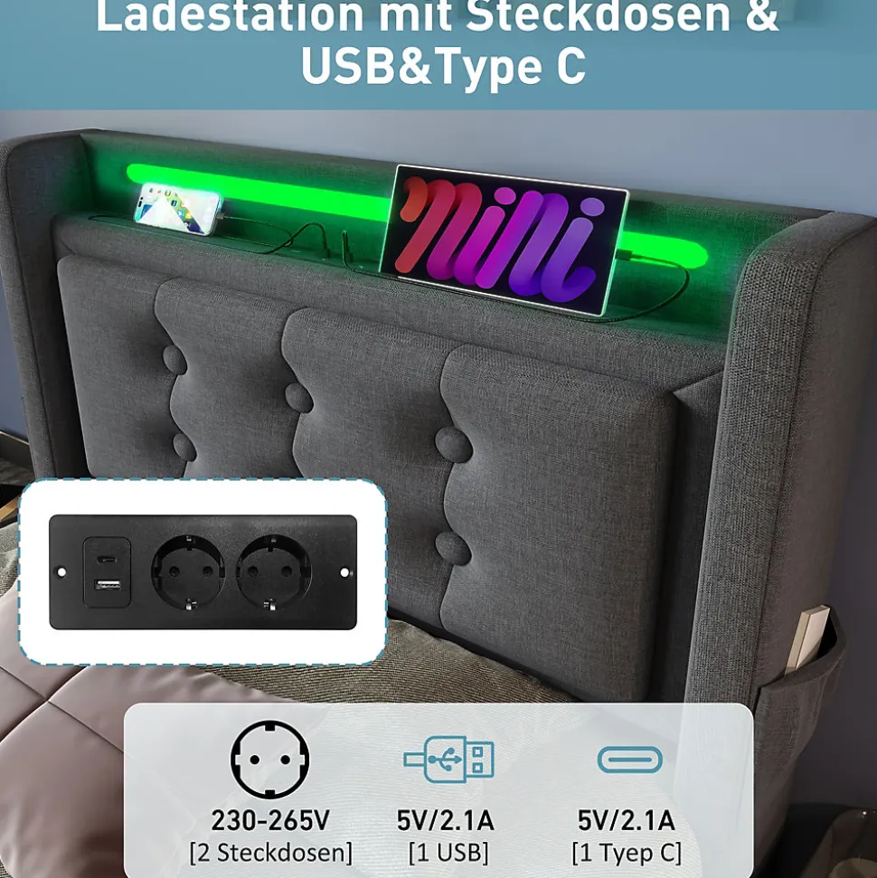 Lit Coffre 90 x 200 Cm - Lit Simple avec Tête de Lit LED et Charge USB C - Bois, Coton, Métal - Sans Matelas - Gris