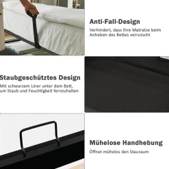 Lit Coffre 90 x 200 Cm - Lit Simple avec Tête de Lit LED et Charge USB C - Bois, Coton, Métal - Sans Matelas - Gris