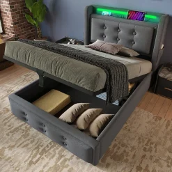 Lit Coffre 90 x 200 Cm - Lit Simple avec Tête de Lit LED et Charge USB C - Bois, Coton, Métal - Sans Matelas - Gris