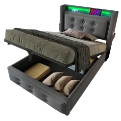 Lit Coffre 90 x 200 Cm - Lit Simple avec Tête de Lit LED et Charge USB C - Bois, Coton, Métal - Sans Matelas - Gris