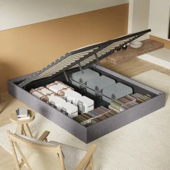 Lit Coffre 120 x 190 cm - Sommier à lattes en bois - Cadre en tissu gris