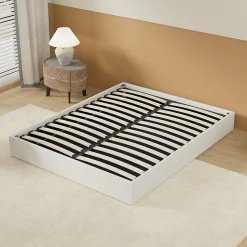 Lit Coffre 140 x 200 cm - Sommier à lattes en bois - Cadre en tissu blanc