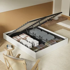 Lit Coffre 140 x 200 cm - Sommier à lattes en bois - Cadre en tissu blanc