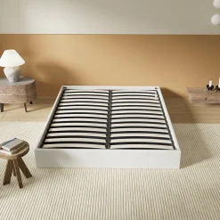 Lit Coffre 140 x 200 cm - Sommier à lattes en bois - Cadre en tissu blanc
