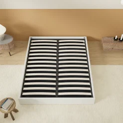 Lit Coffre 140 x 200 cm - Sommier à lattes en bois - Cadre en tissu blanc