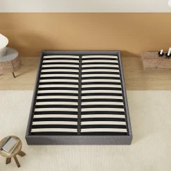 Lit Coffre 140 x 200 cm - Sommier à lattes en bois - Cadre en tissu gris