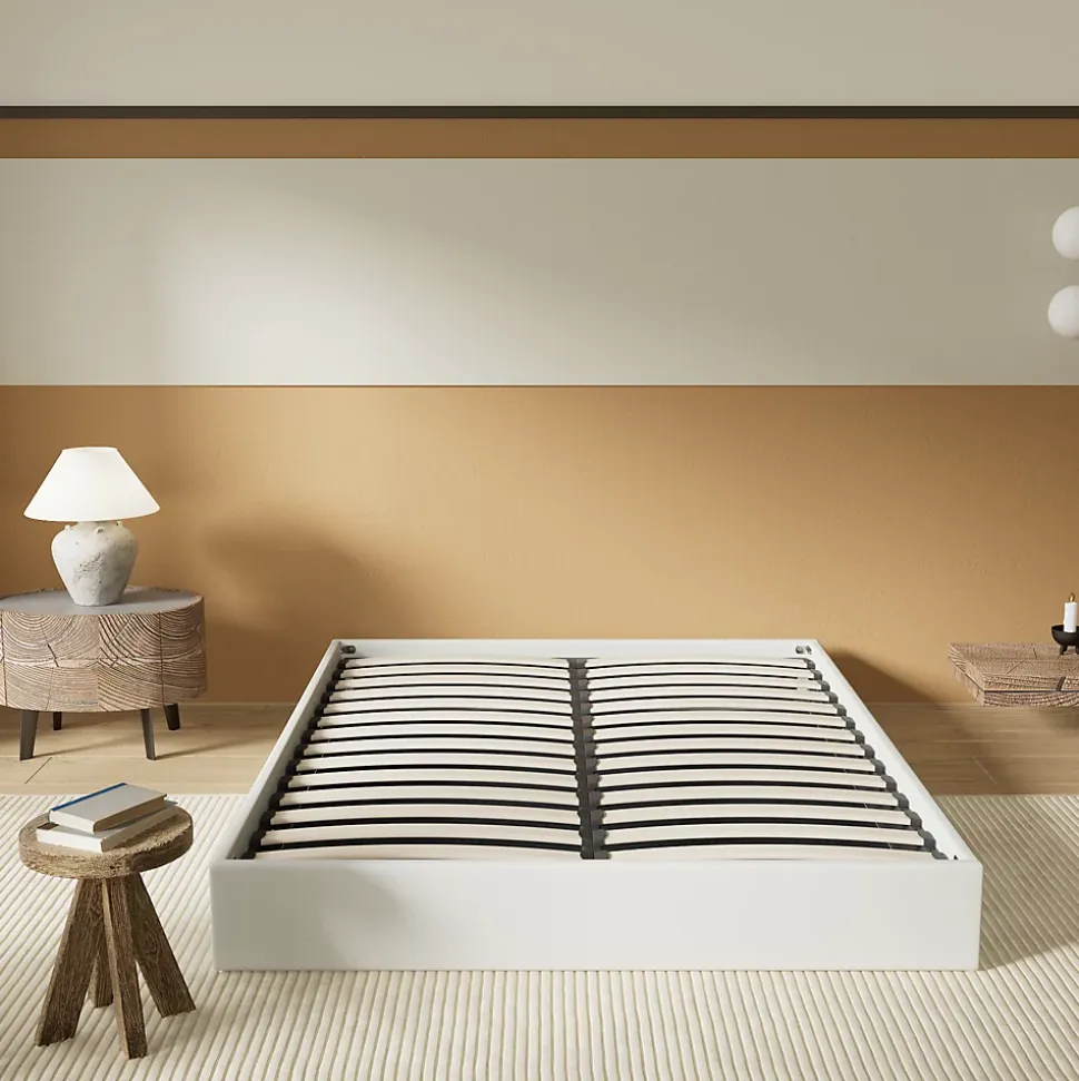 Lit Coffre 120 x 190 cm - Sommier à lattes en bois - Cadre en tissu blanc