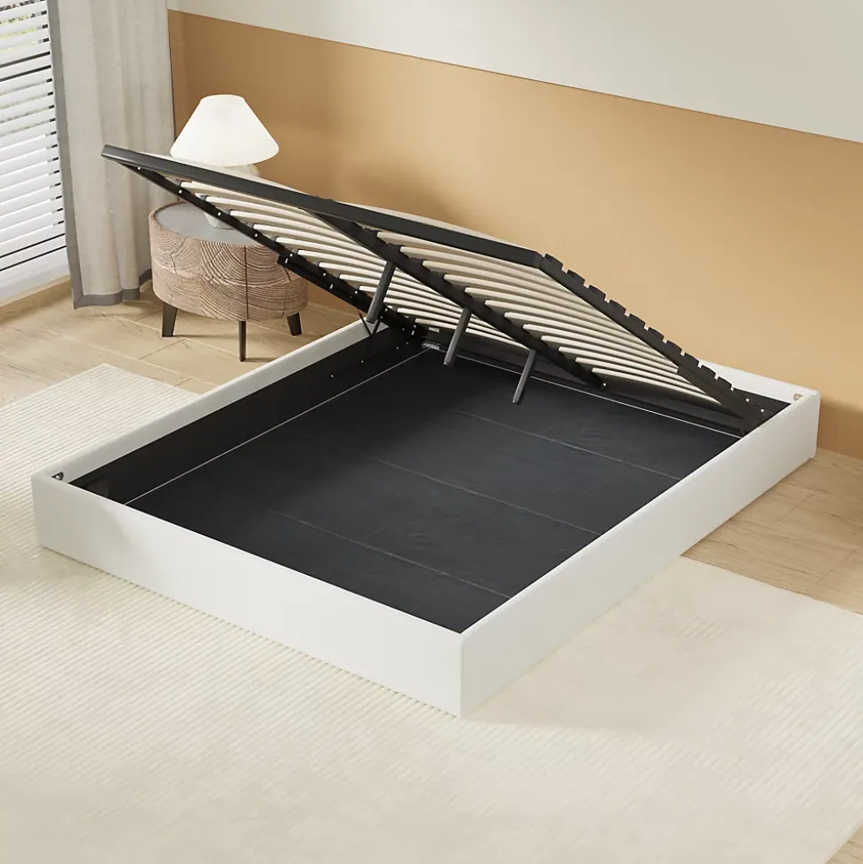 Lit Coffre 120 x 190 cm - Sommier à lattes en bois - Cadre en tissu blanc