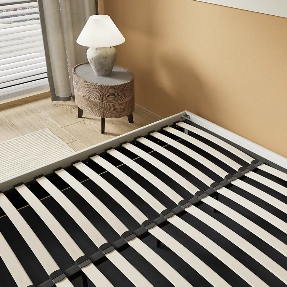 Lit Coffre 120 x 190 cm - Sommier à lattes en bois - Cadre en tissu blanc