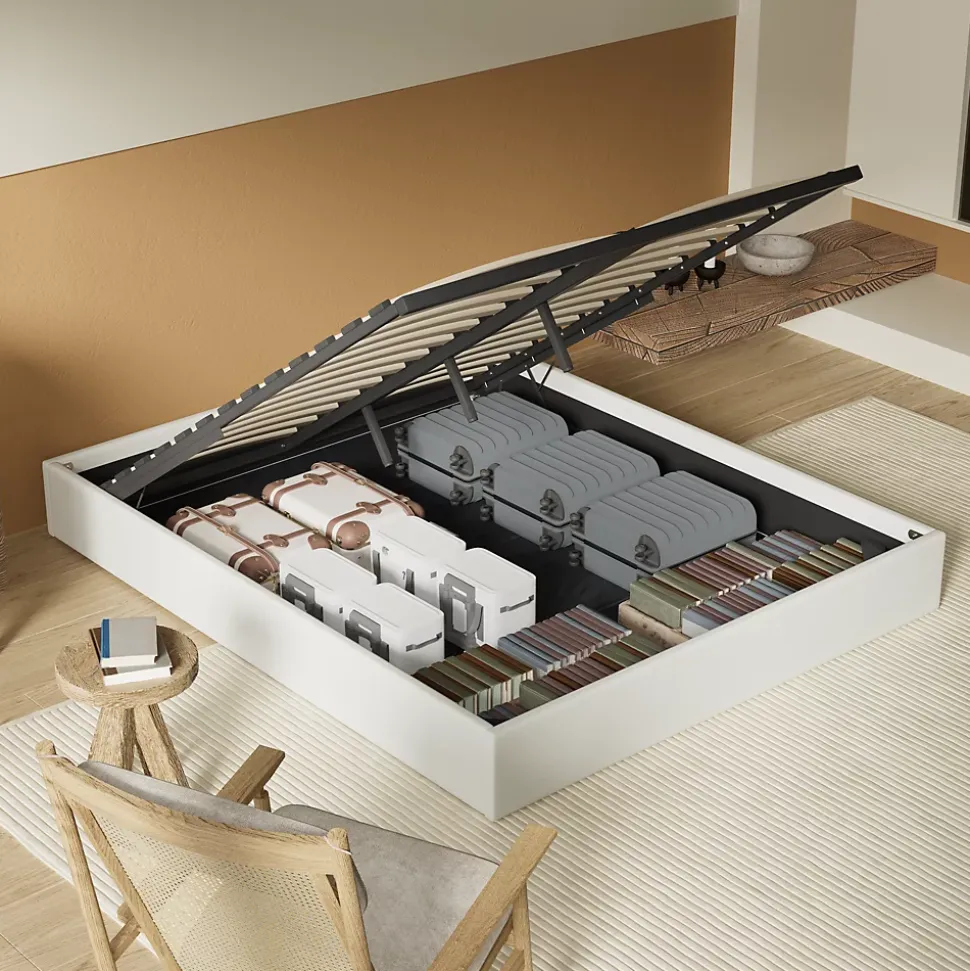 Lit Coffre 120 x 190 cm - Sommier à lattes en bois - Cadre en tissu blanc