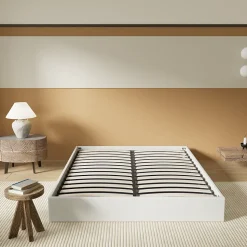 Lit Coffre 140 x 190 cm - Sommier à lattes en bois - Cadre en tissu blanc