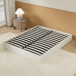 Lit Coffre 140 x 190 cm - Sommier à lattes en bois - Cadre en tissu blanc