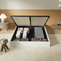 Lit Coffre 140 x 190 cm - Sommier à lattes en bois - Cadre en tissu blanc