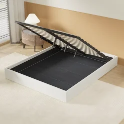 Lit Coffre 140 x 190 cm - Sommier à lattes en bois - Cadre en tissu blanc