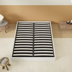 Lit Coffre 140 x 190 cm - Sommier à lattes en bois - Cadre en tissu blanc