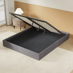 Lit Coffre 160 x 200 cm - Sommier à lattes en bois - Cadre en tissu gris