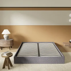 Lit Coffre 160 x 200 cm - Sommier à lattes en bois - Cadre en tissu gris