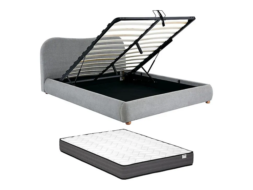 Lit coffre 160 x 200 cm - Tissu - Gris clair + Matelas - VANARI