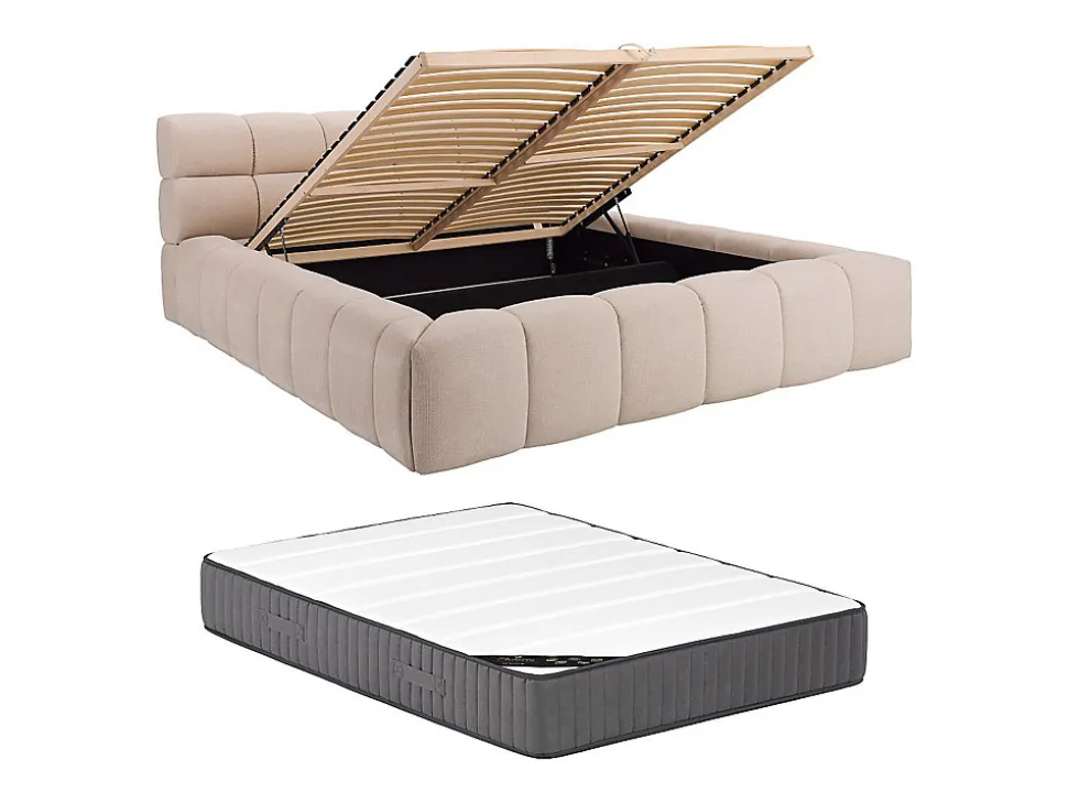 Lit coffre 160 x 200 cm - Tissu - Beige + Matelas - FORVIK II