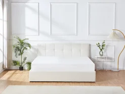 Lit coffre 180 x 200 cm - Tissu bouclette - Blanc + Matelas - MAZIRI
