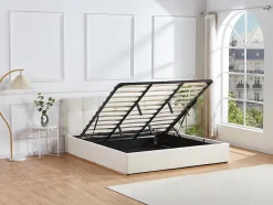 Lit coffre 180 x 200 cm - Tissu bouclette - Blanc + Matelas - MAZIRI