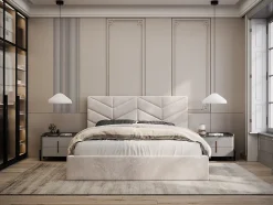 Lit coffre 140 x 190 cm - Tissu texturé - Crème + Matelas - JUSTANI