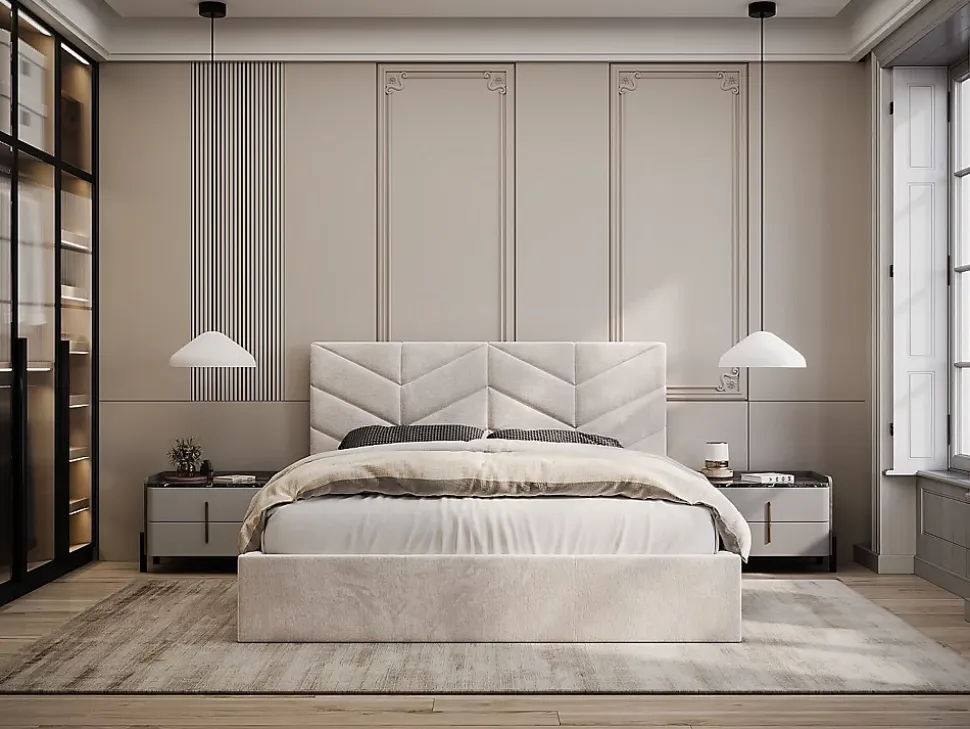 Lit coffre 140 x 190 cm - Tissu texturé - Crème + Matelas - JUSTANI