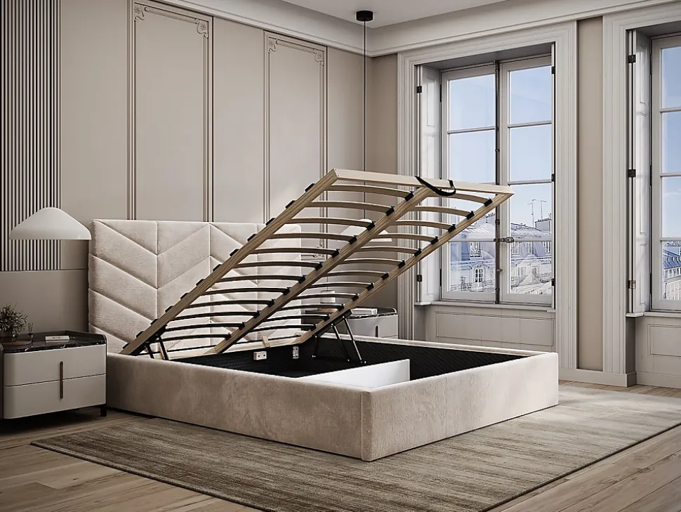 Lit coffre 140 x 190 cm - Tissu texturé - Crème + Matelas - JUSTANI